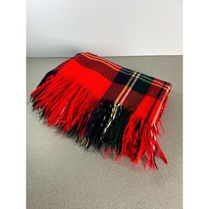 Vintage plaid blanket throw 55X54 fringe Red Christmas decor Stadium car
